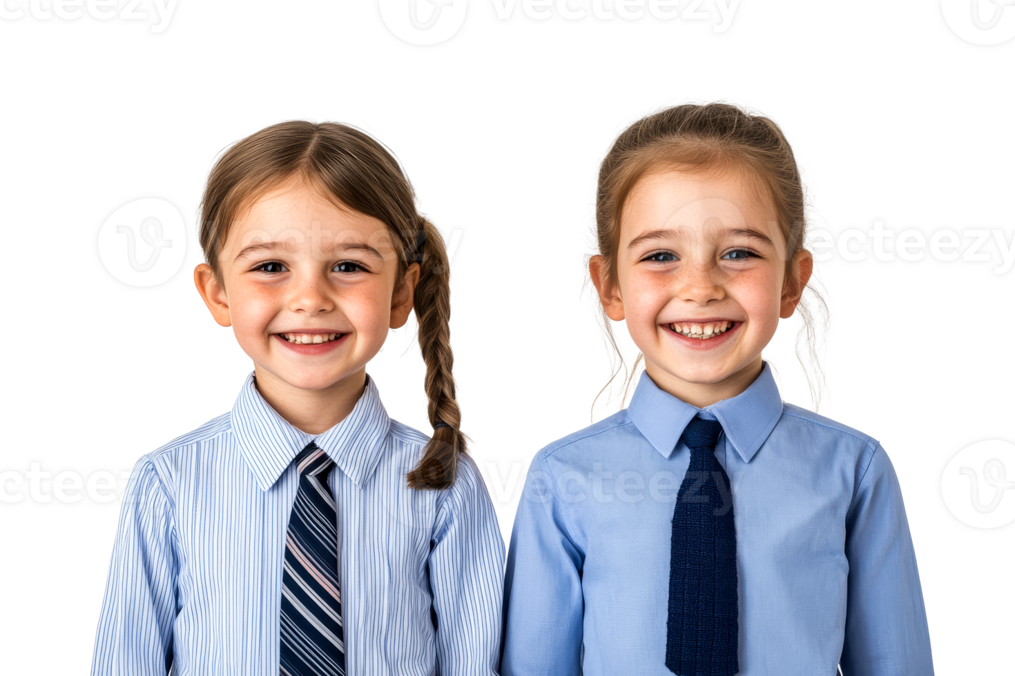 Two smiling schoolgirls in uniform portrait, cut out transparent png