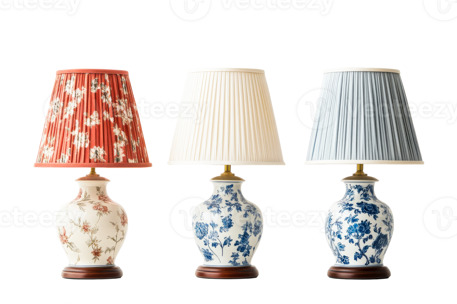 Floral lamps with colorful pleated shades, cut out transparent png