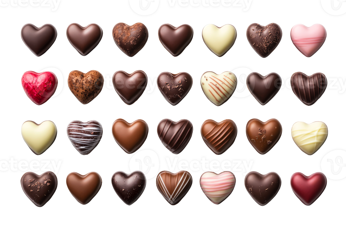 Assorted heart shaped chocolates on black background, cut out transparent png