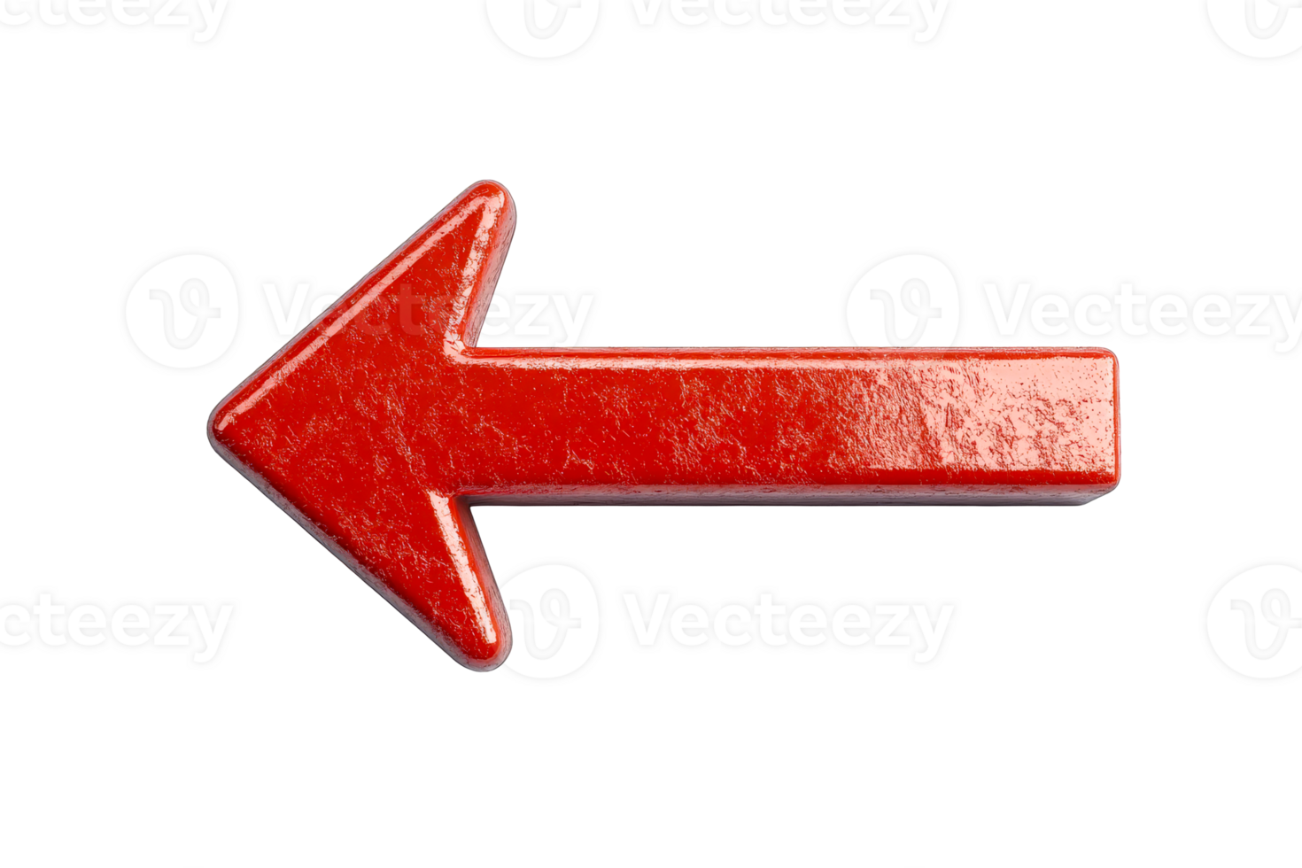 Red arrow pointing left with textured surface , cut out transparent png