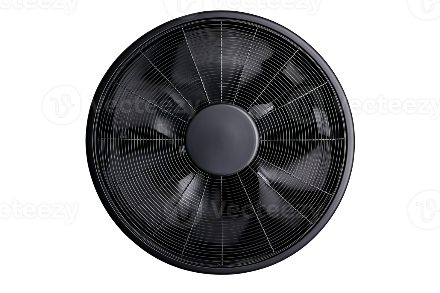 Rotating black fan with protection grid on background, cut out transparent png