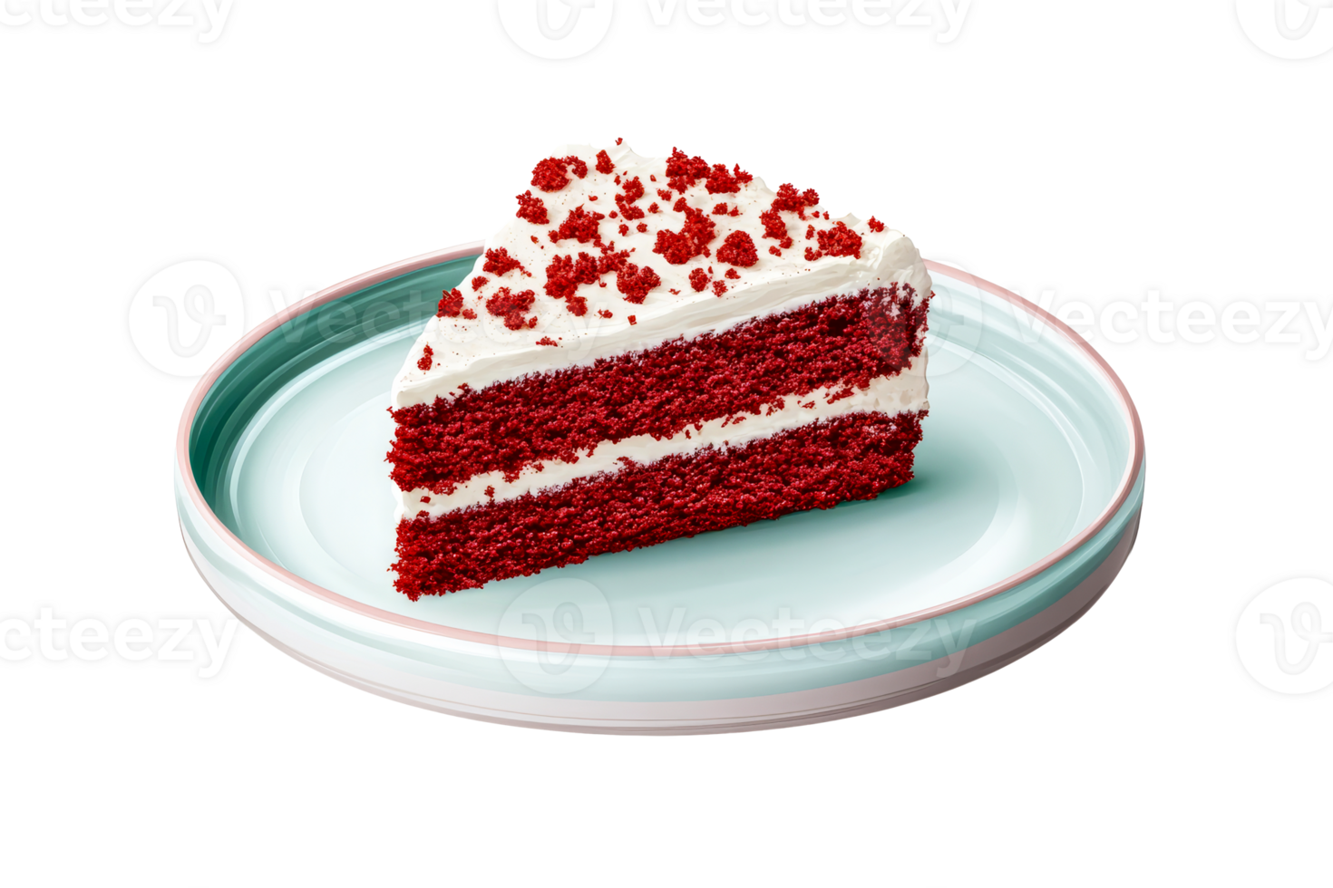 Slice of delicious red velvet cake with frosting on plate, cut out transparent png