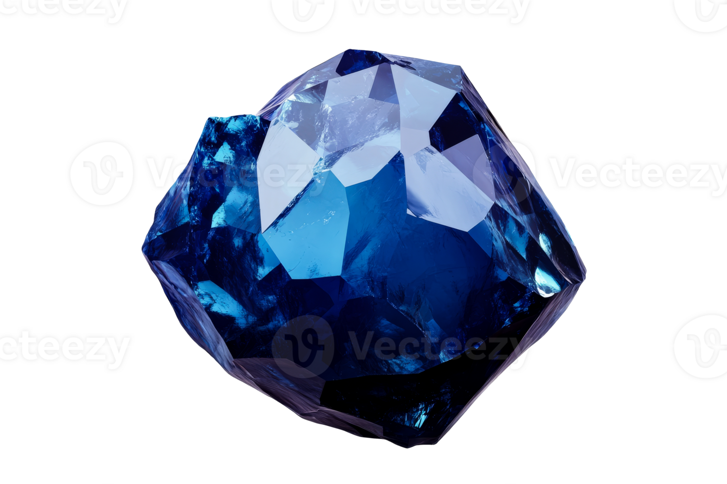 Blue gemstone with complex facets on a black background, cut out transparent png