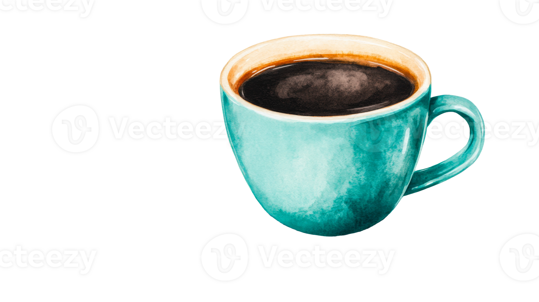 Turquoise coffee mug with dark coffee, transparent background, cut out transparent png