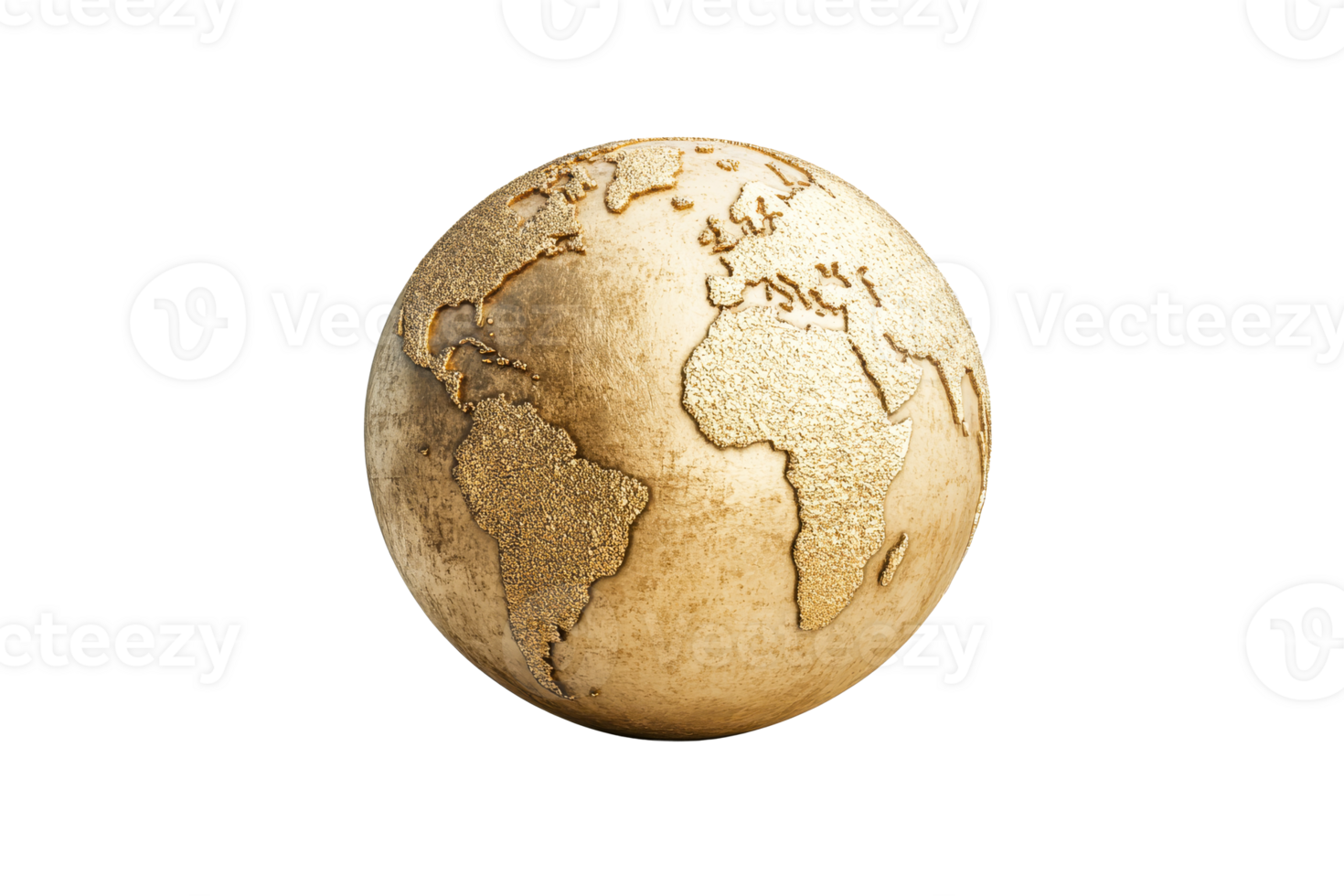 Golden Earth globe, showing continents, detailed texture, cut out transparent png