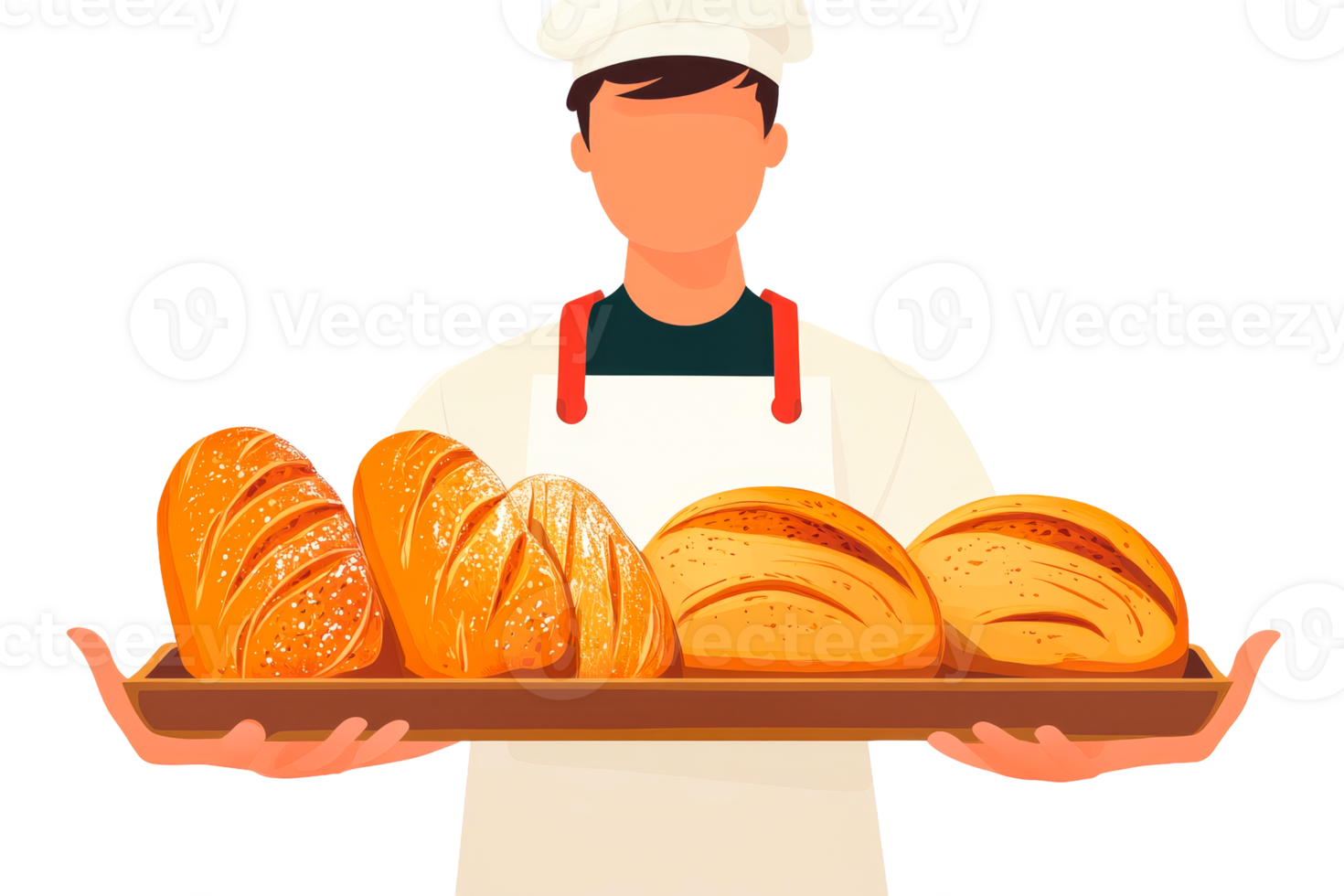 Baker presenting freshly baked breads on tray, cut out transparent png
