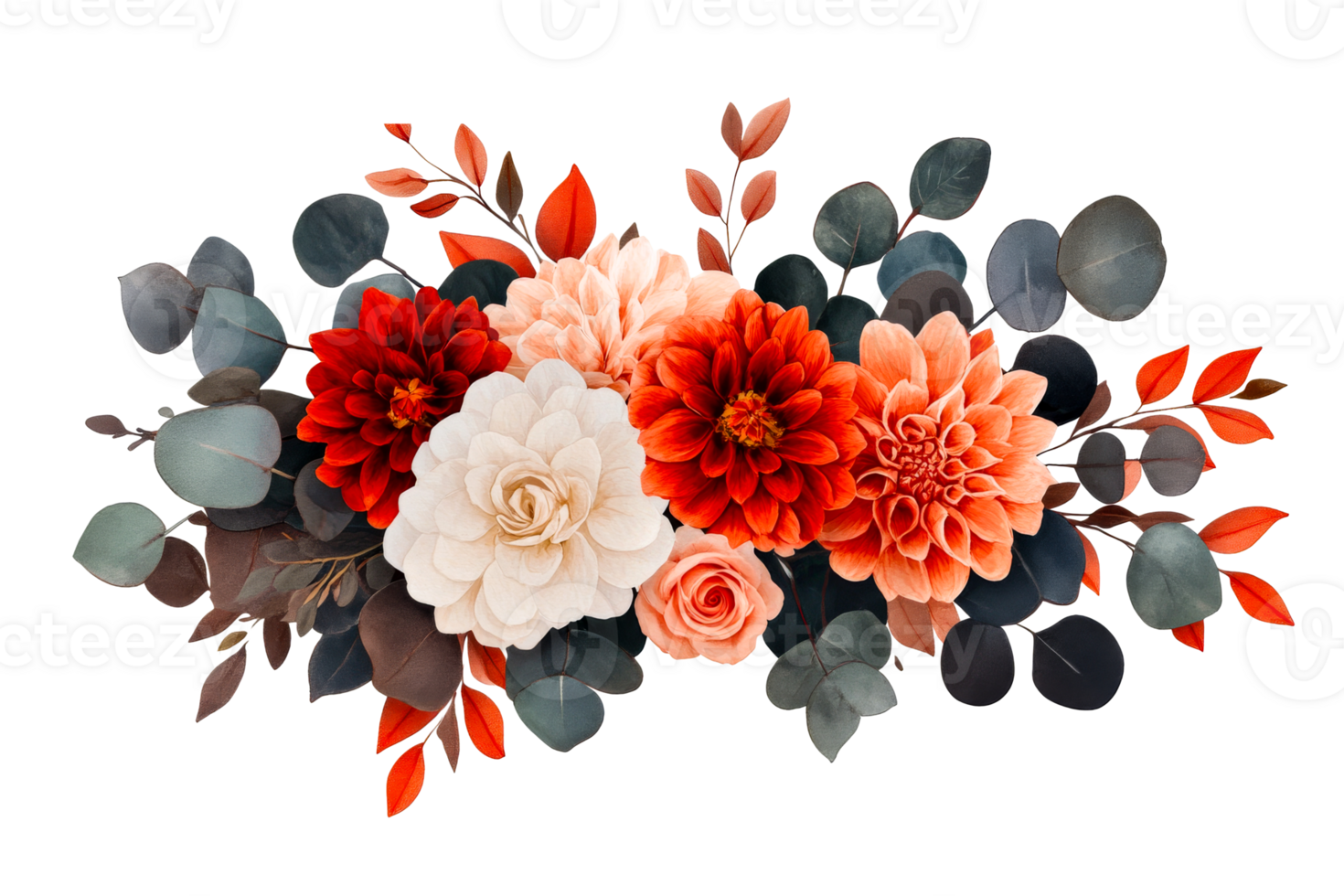 Elegant bouquet with dahlia, rose, eucalyptus and leaves , cut out transparent png