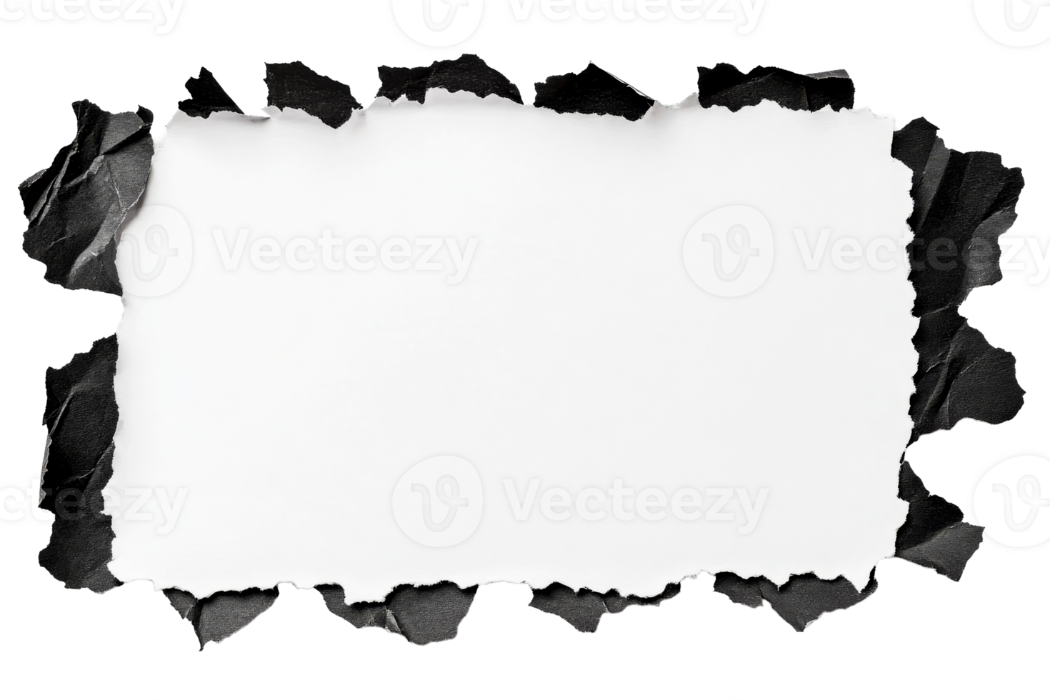 Torn black paper frame with white inside on black background, cut out transparent png