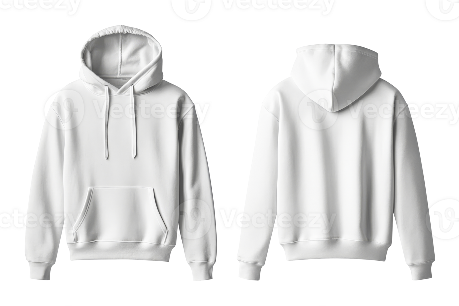 Two white hooded sweatshirts mockup on a black background, cut out transparent png