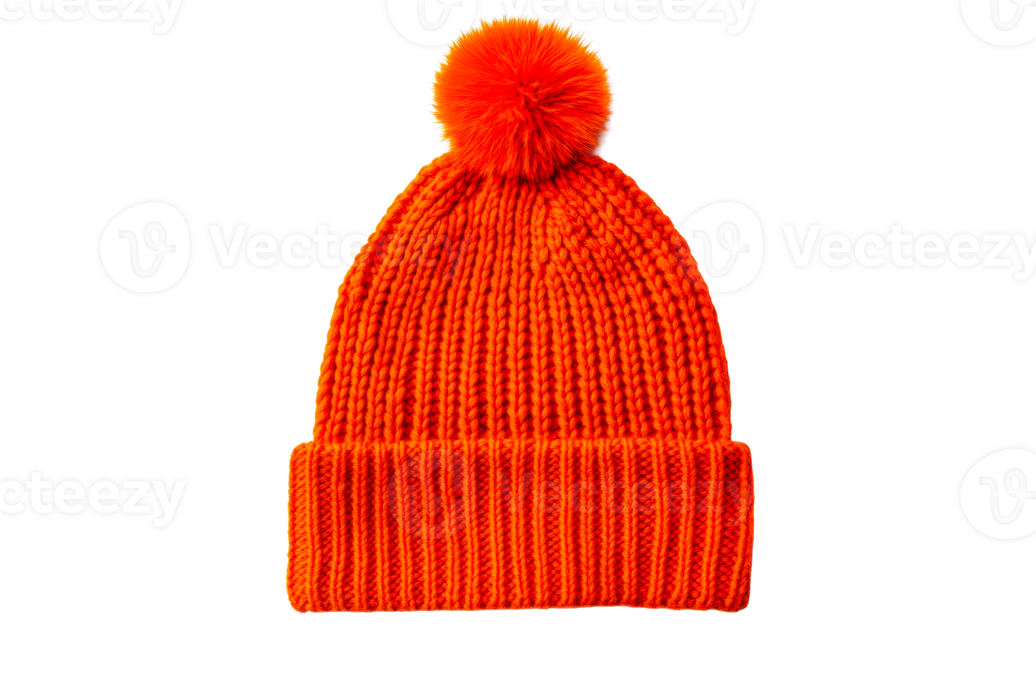 Knitted orange hat with pompom for winter headwear, cut out transparent png