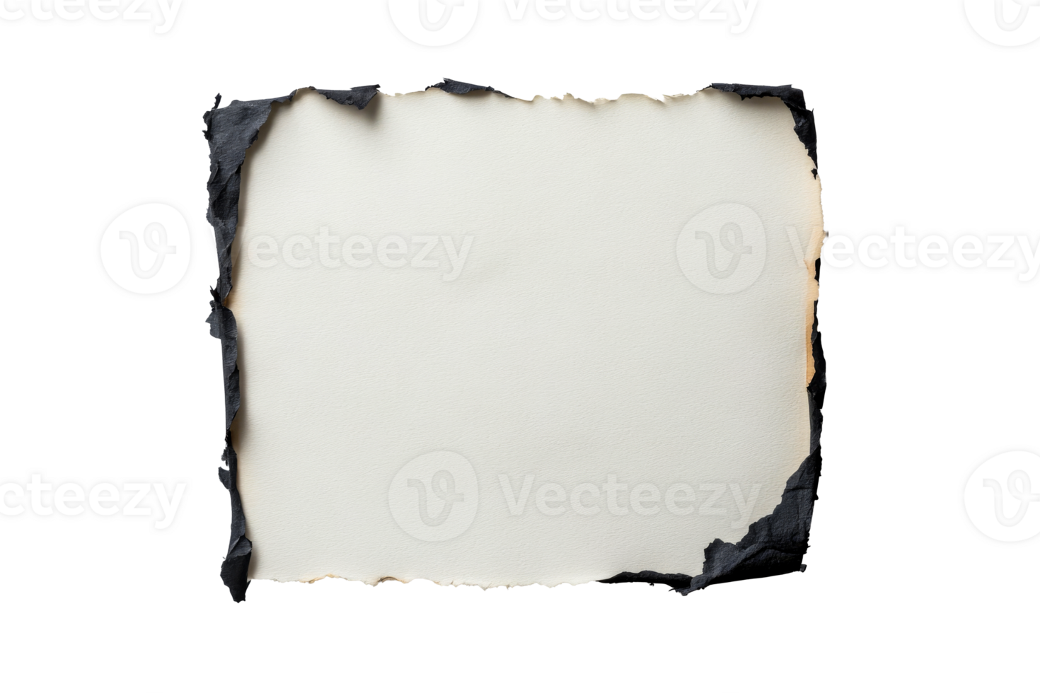 Burnt-edged paper on a black background, texture element, cut out transparent png