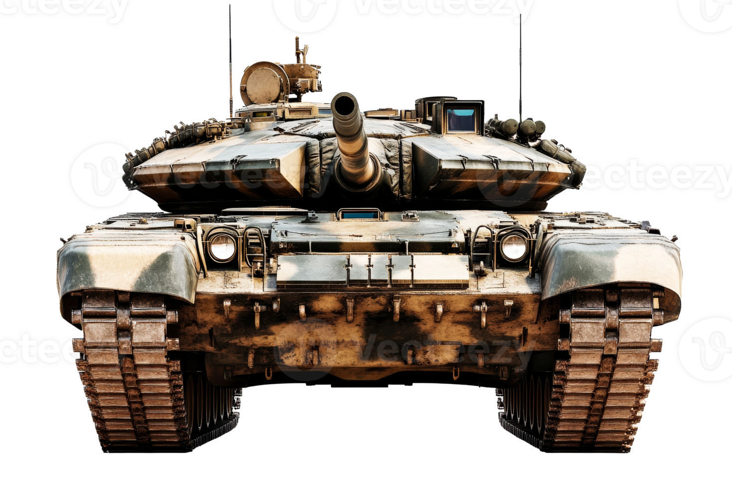 Heavy battle tank closeup with gun in camouflage, cut out transparent png