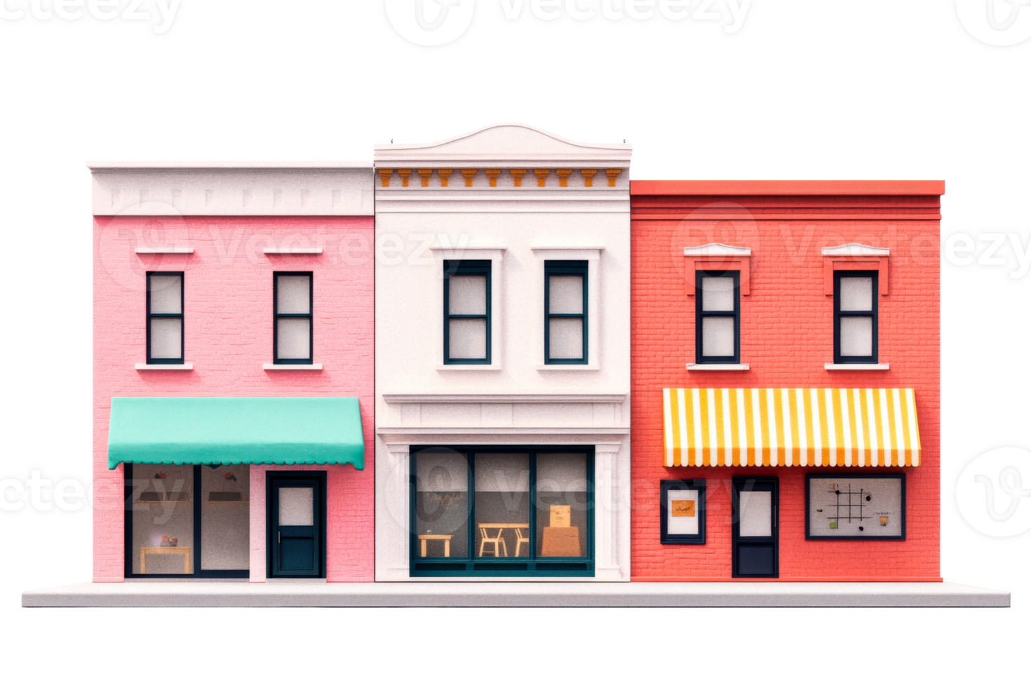 Three colorful storefronts in a row, brick buildings , cut out transparent png