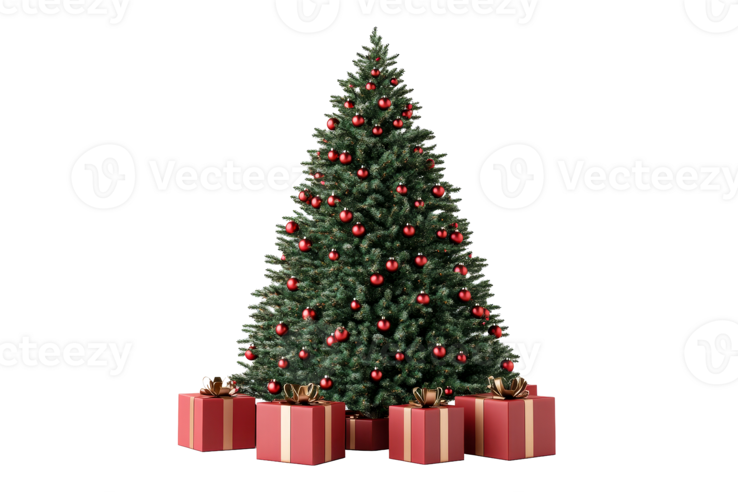 Decorated Christmas tree with red ornaments and presents, cut out transparent png