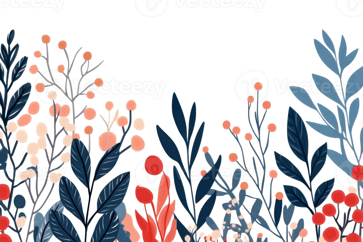 Whimsical Foliage and Berries Border Illustration in Deep Blue, cut out transparent png
