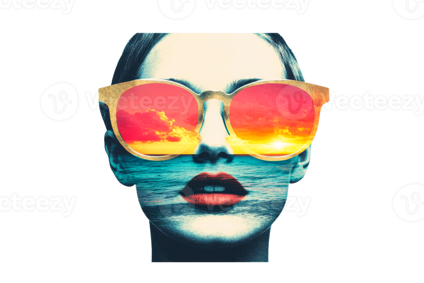 Portrait of woman in sunglasses reflecting sunset, cut out transparent png