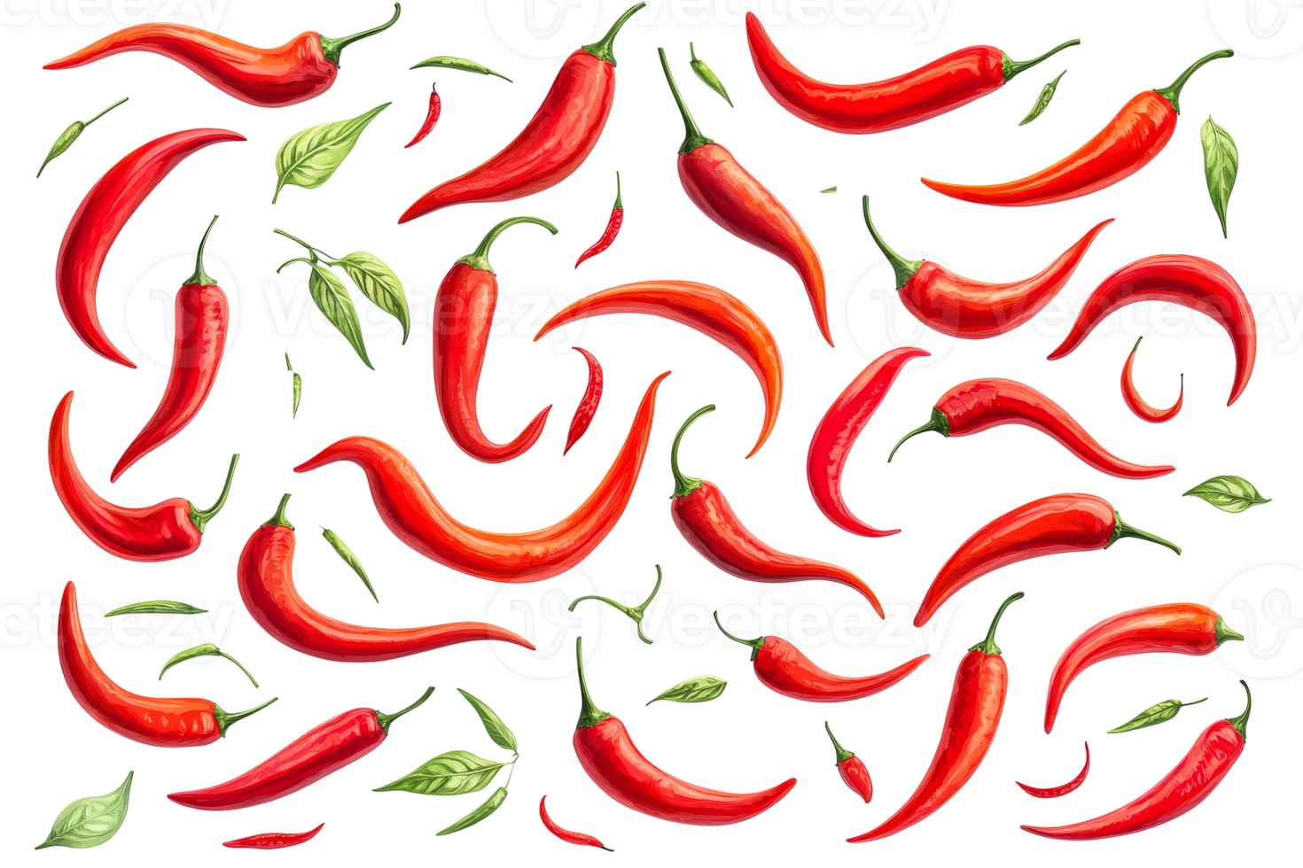 Red chili peppers with green leaves seamless pattern, cut out transparent png