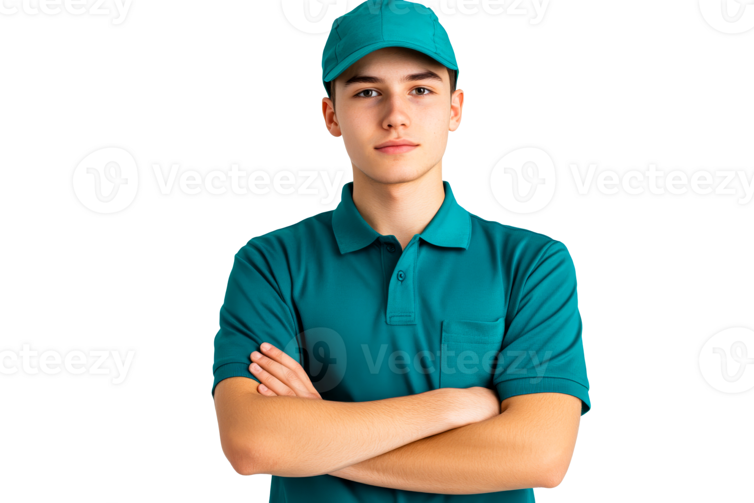 Young delivery man in teal uniform with crossed arms, cut out transparent png