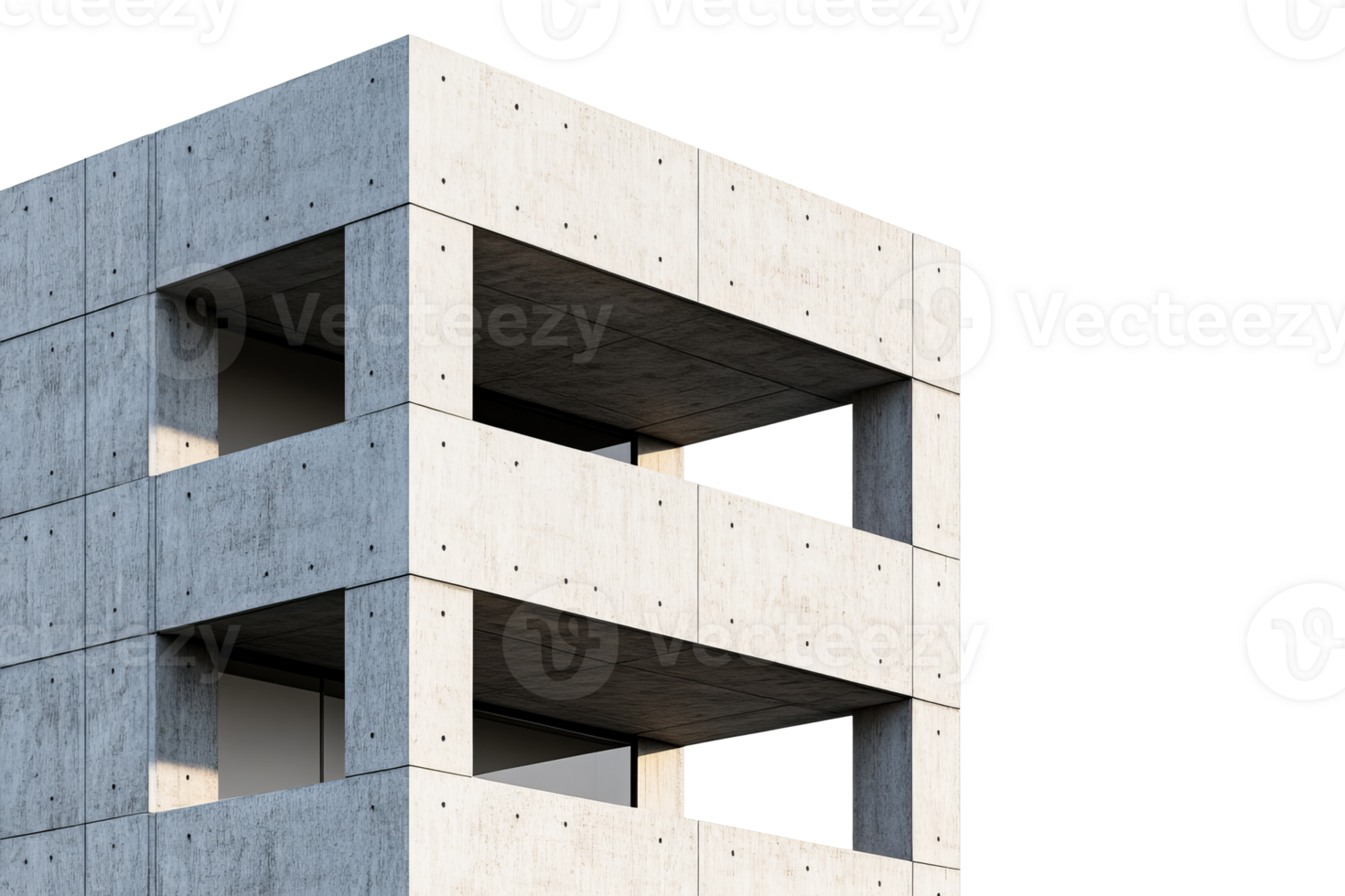 Modern brutalist architectural facade with rectangular windows, cut out transparent png