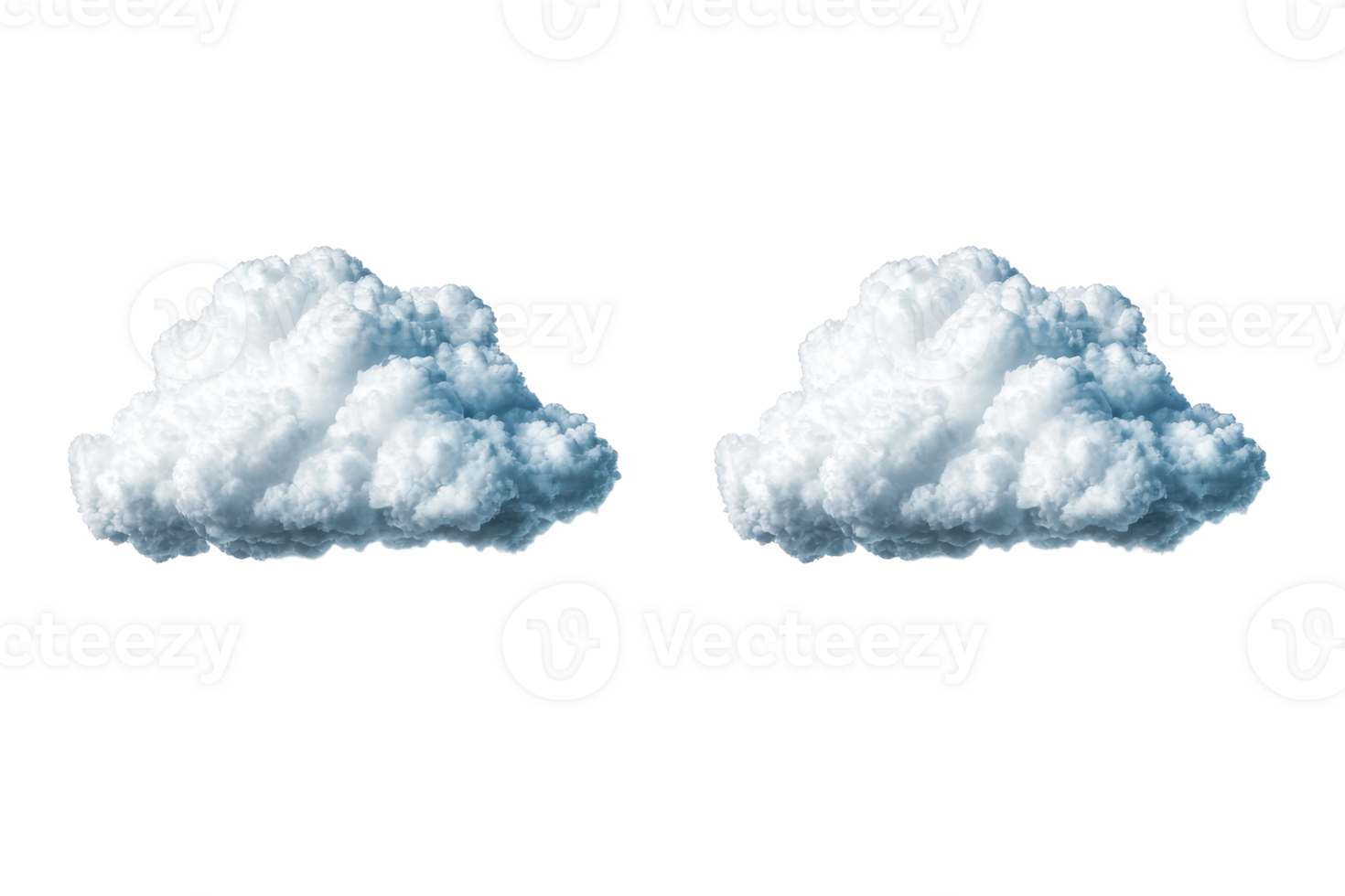 Two white fluffy clouds isolated on black background, cut out transparent png