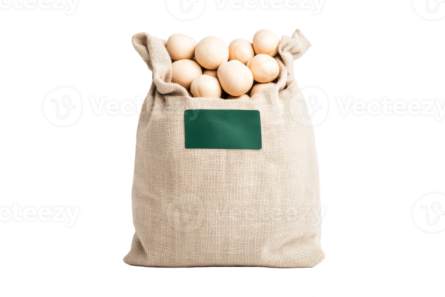 Burlap sack filled with potatoes on black background, cut out transparent png