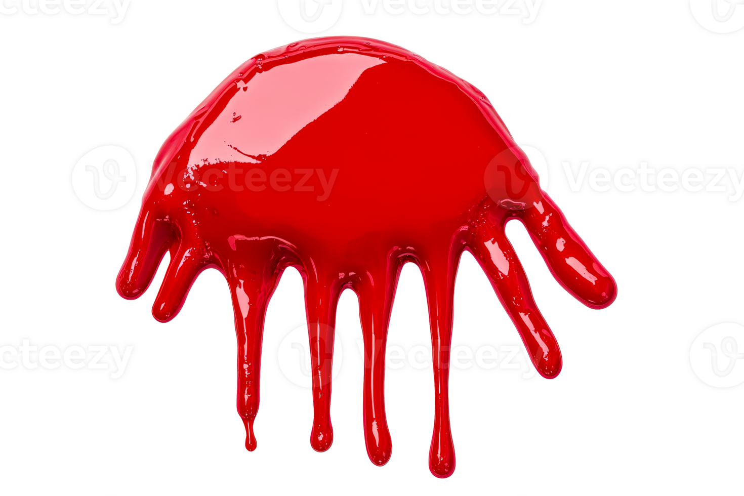 Dripping bright red paint splash, liquid flow, on black background, cut out transparent png