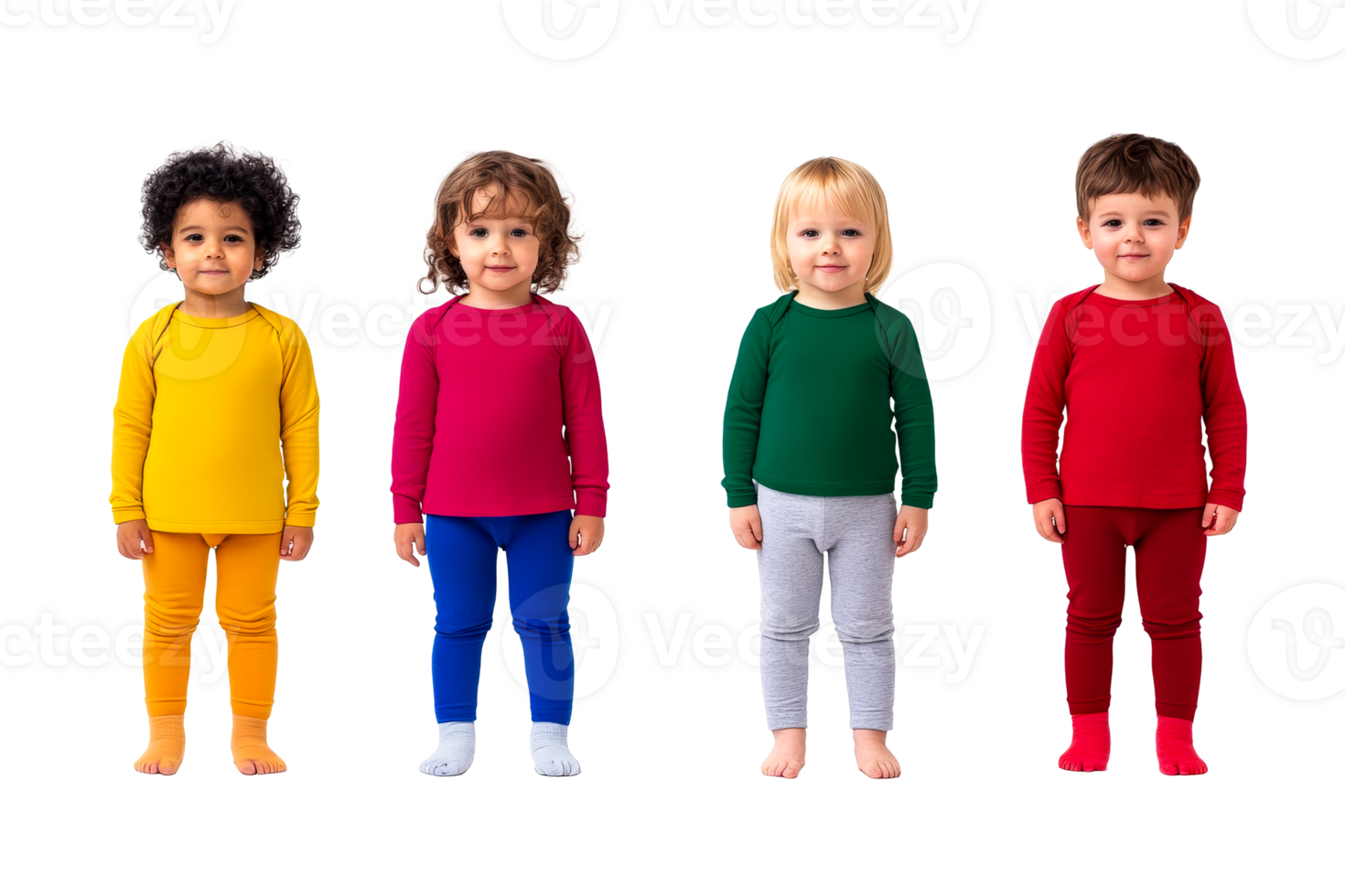 Four charming toddlers in colored clothes, posing studio, cut out transparent png