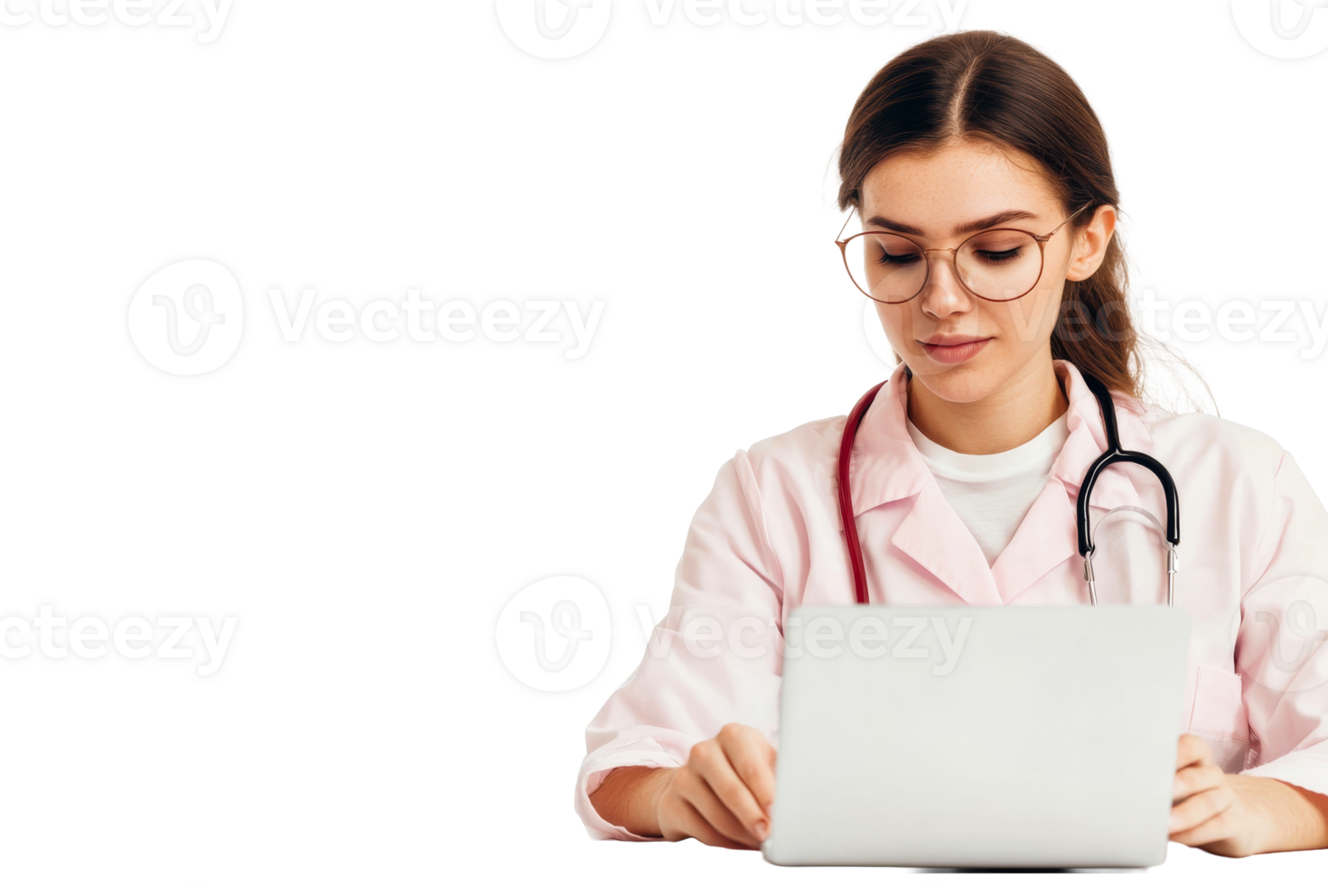 Young doctor using a laptop, cut out transparent png