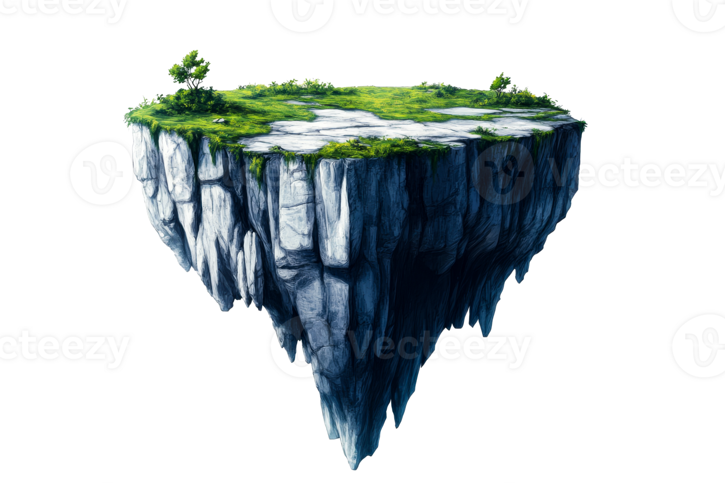 Floating island with green grass and trees isolated, cut out transparent png