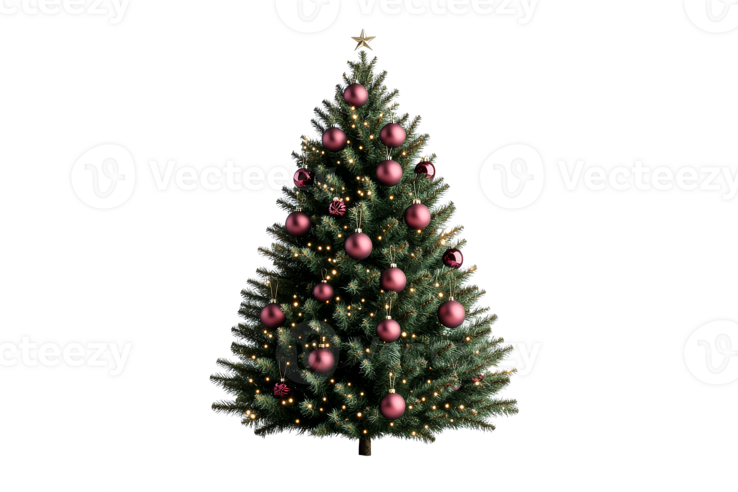 Decorated Christmas tree with star and ornaments, cut out transparent png