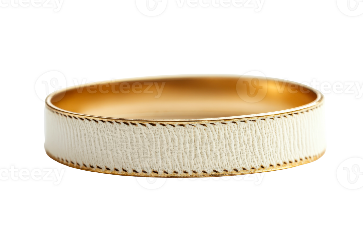 Gold and white textured round bowl, top view, cut out transparent png