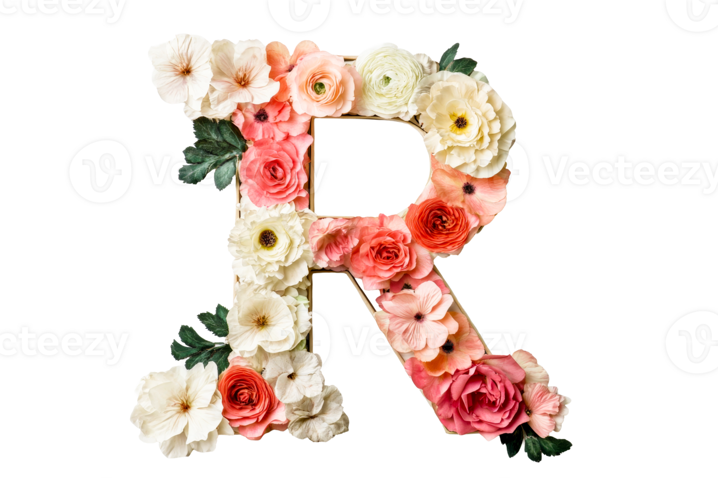 Floral letter R, flower design element, pastel hues, nature concept, cut out transparent png