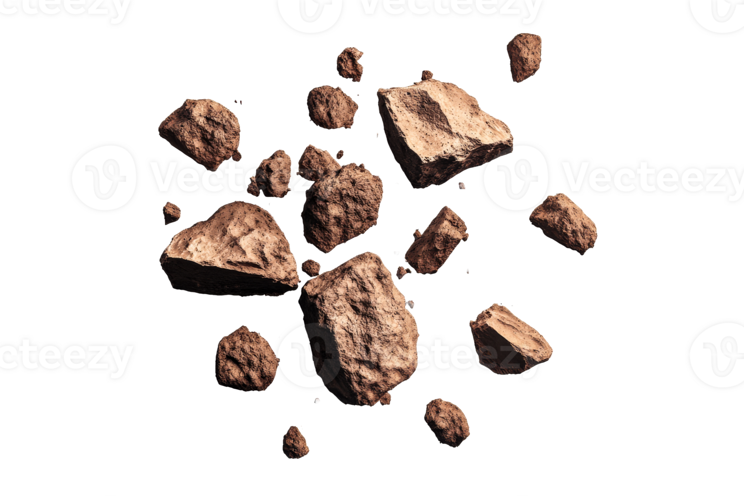 Brown rocks collection isolated on black background, cut out transparent png