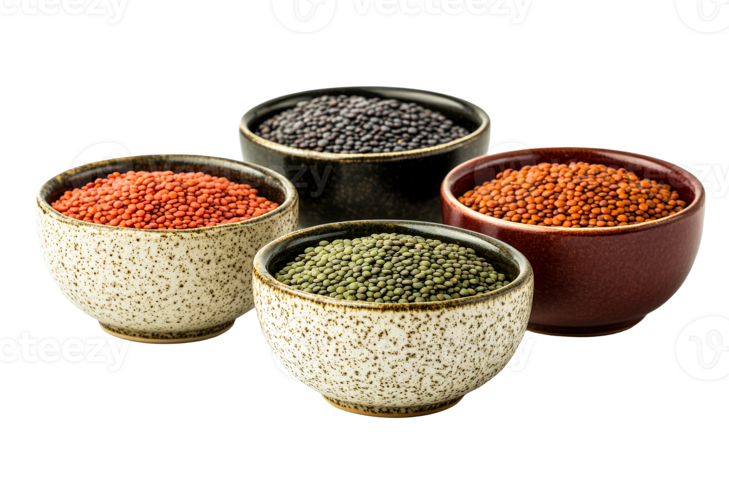 Assortment of dry lentils in bowls, collection, legumes, cut out transparent png