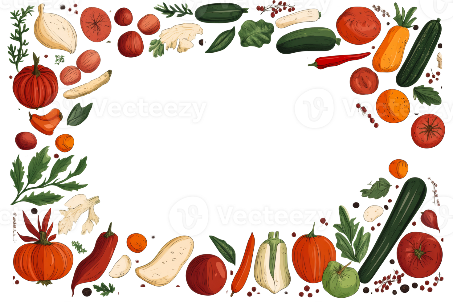 Frame with vegetables arrangement, black background, cut out transparent png