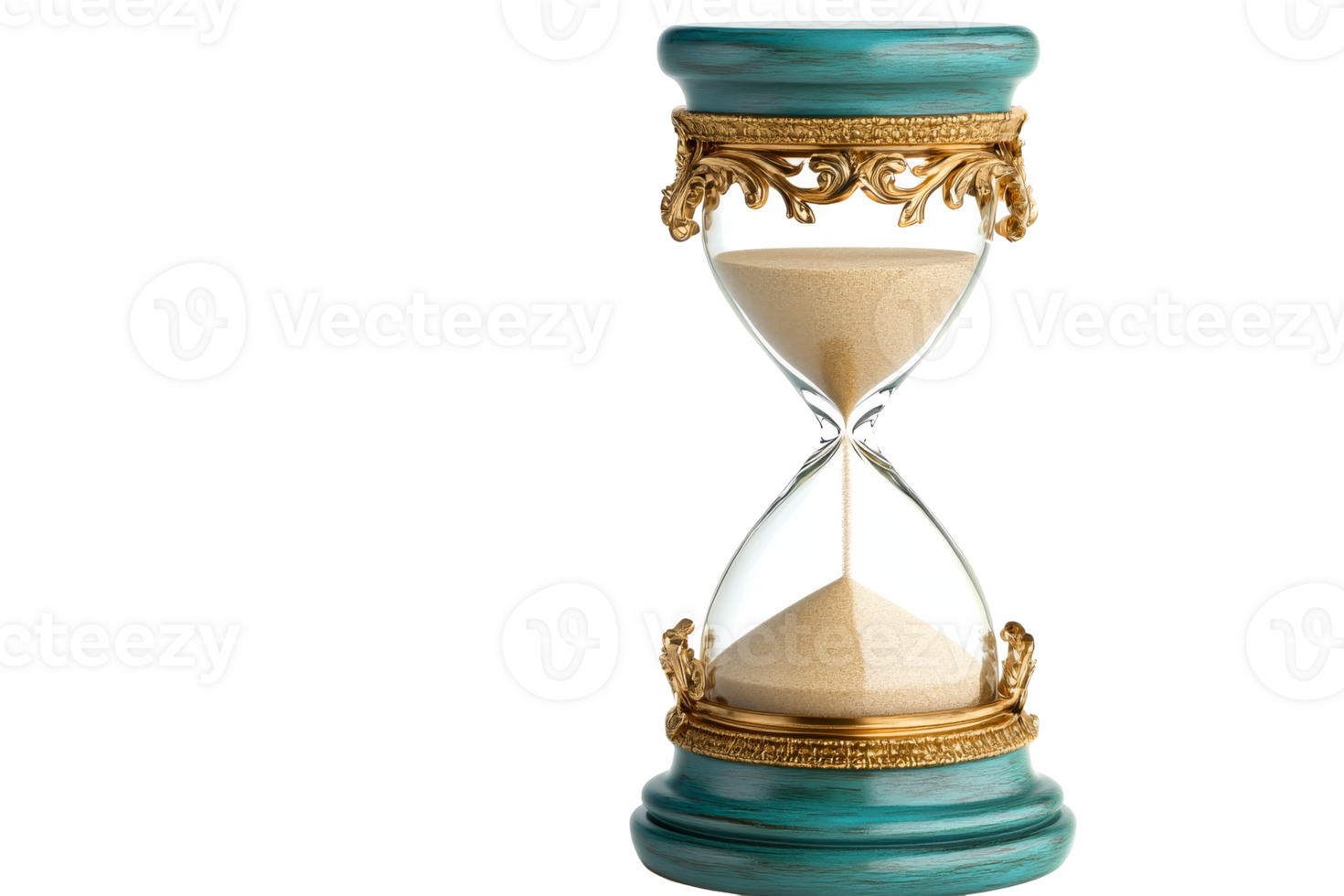 Hourglass of time, ornate design, aqua and gold colors, cut out transparent png