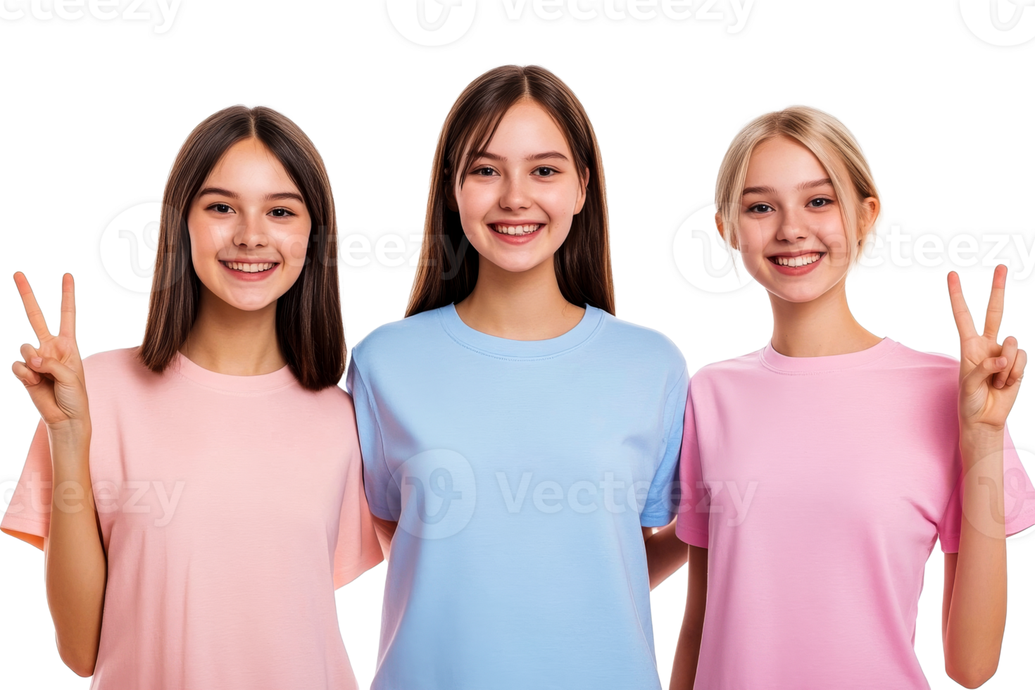 Three smiling girls with peace sign in colorful shirts, cut out transparent png