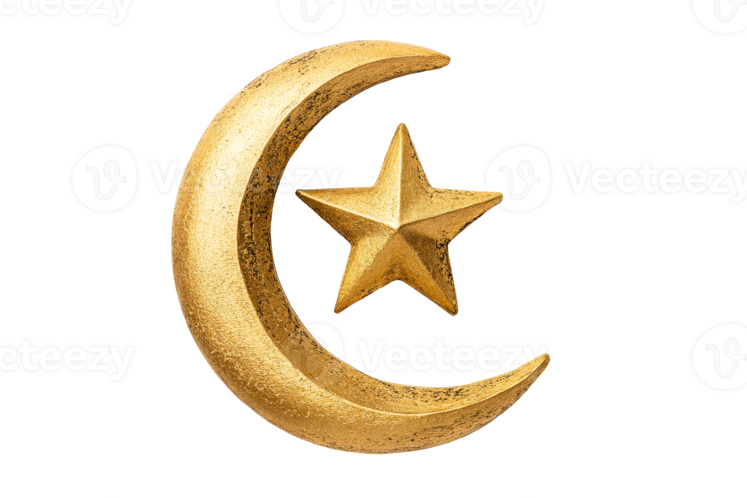 Symbol of Islam, crescent moon and star in gold finish, cut out transparent png