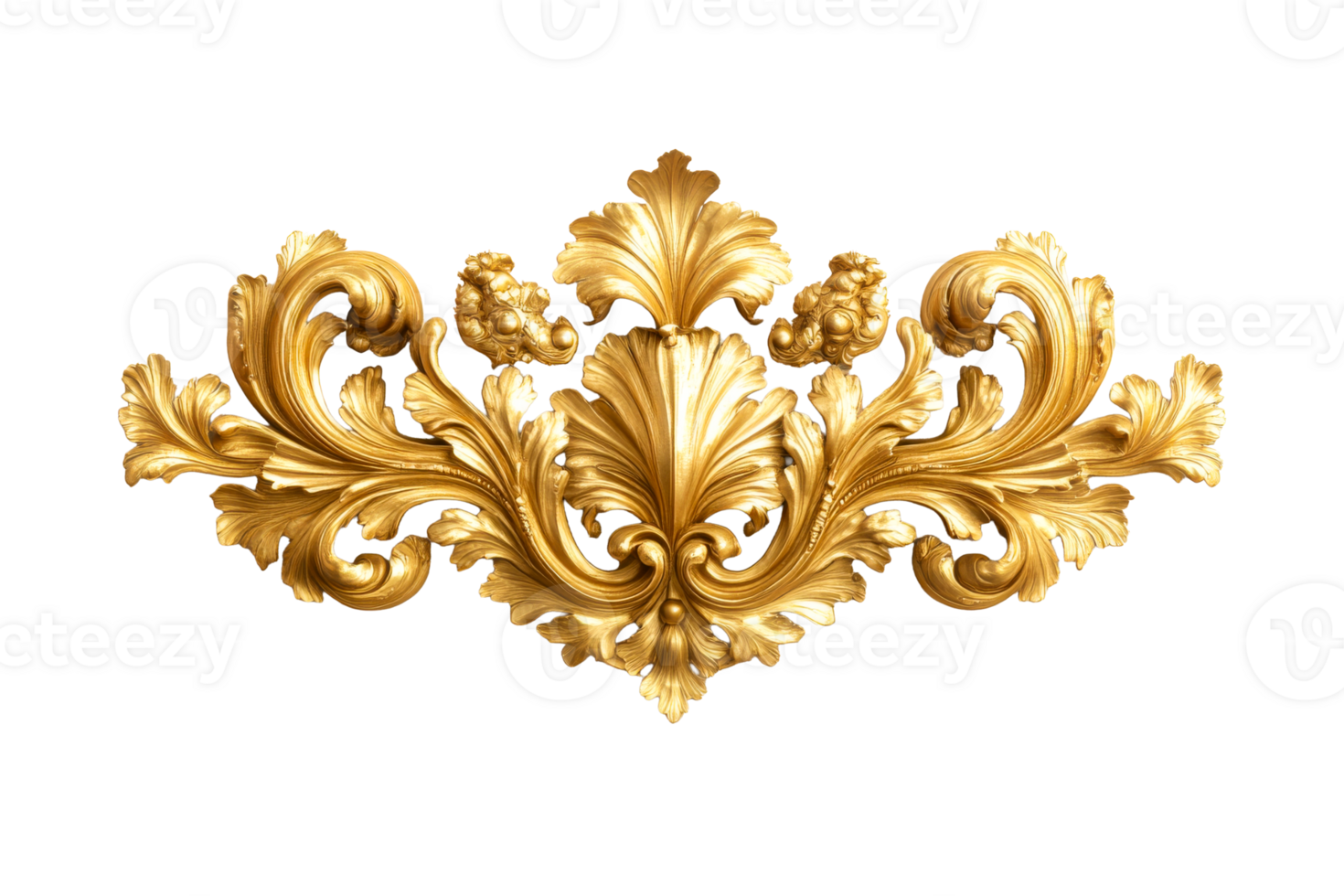 Gilded baroque element on a black background, cut out transparent png