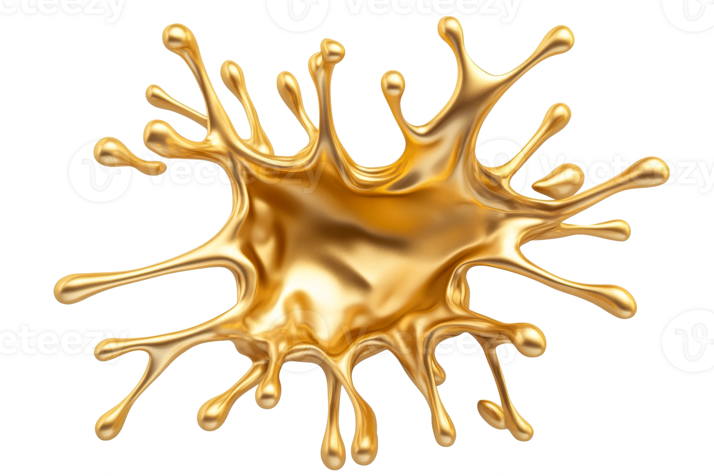 Golden explosion of liquid splashes on black background, cut out transparent png