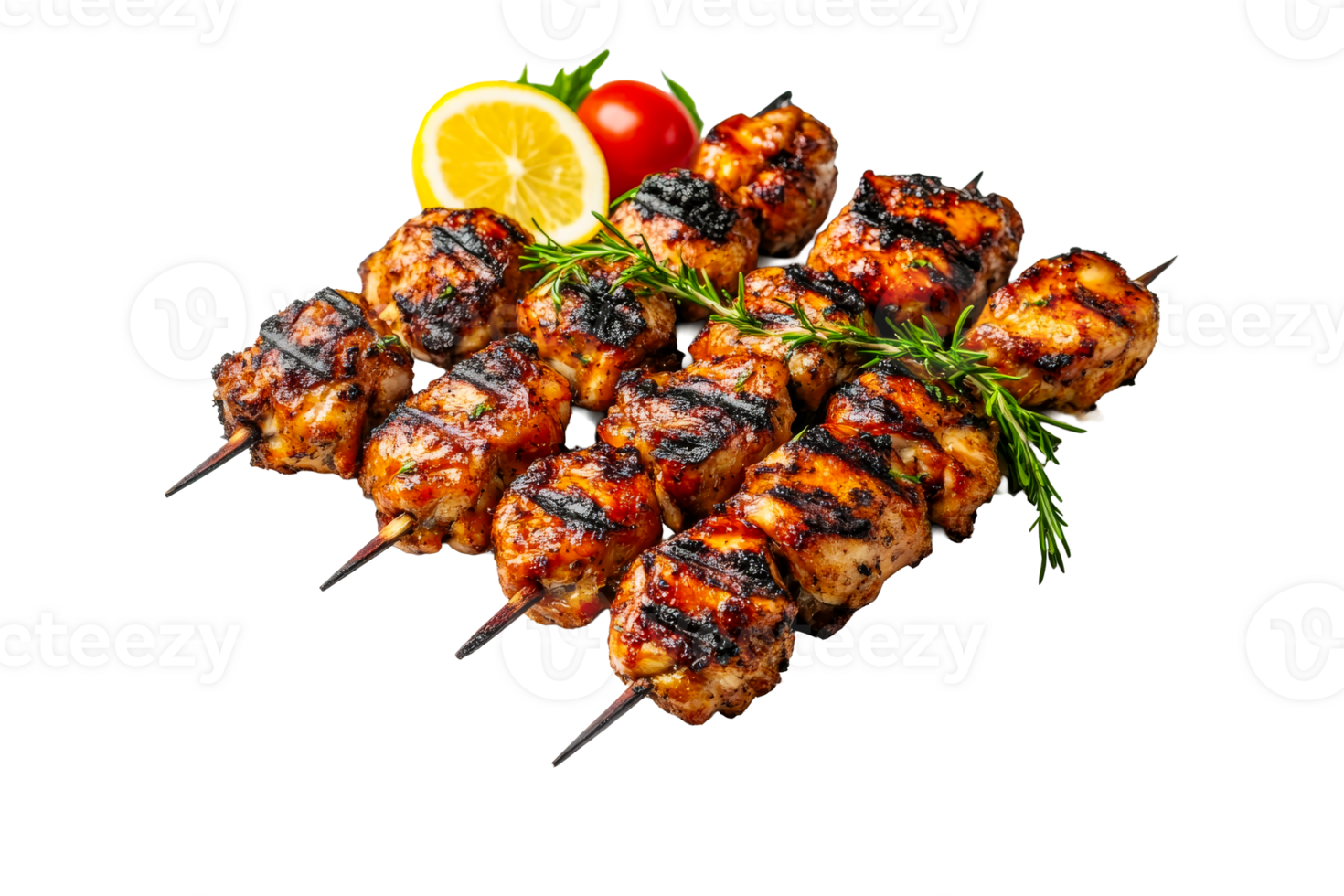 Grilled chicken skewers with lemon and rosemary, cut out transparent png