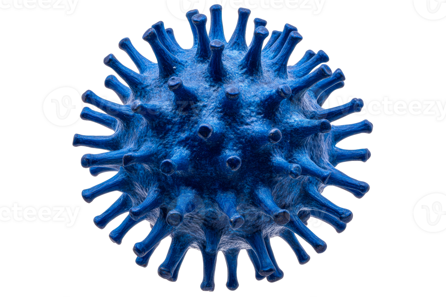 Microscopic depiction of a blue virus particle with spiky protrusions, cut out transparent png