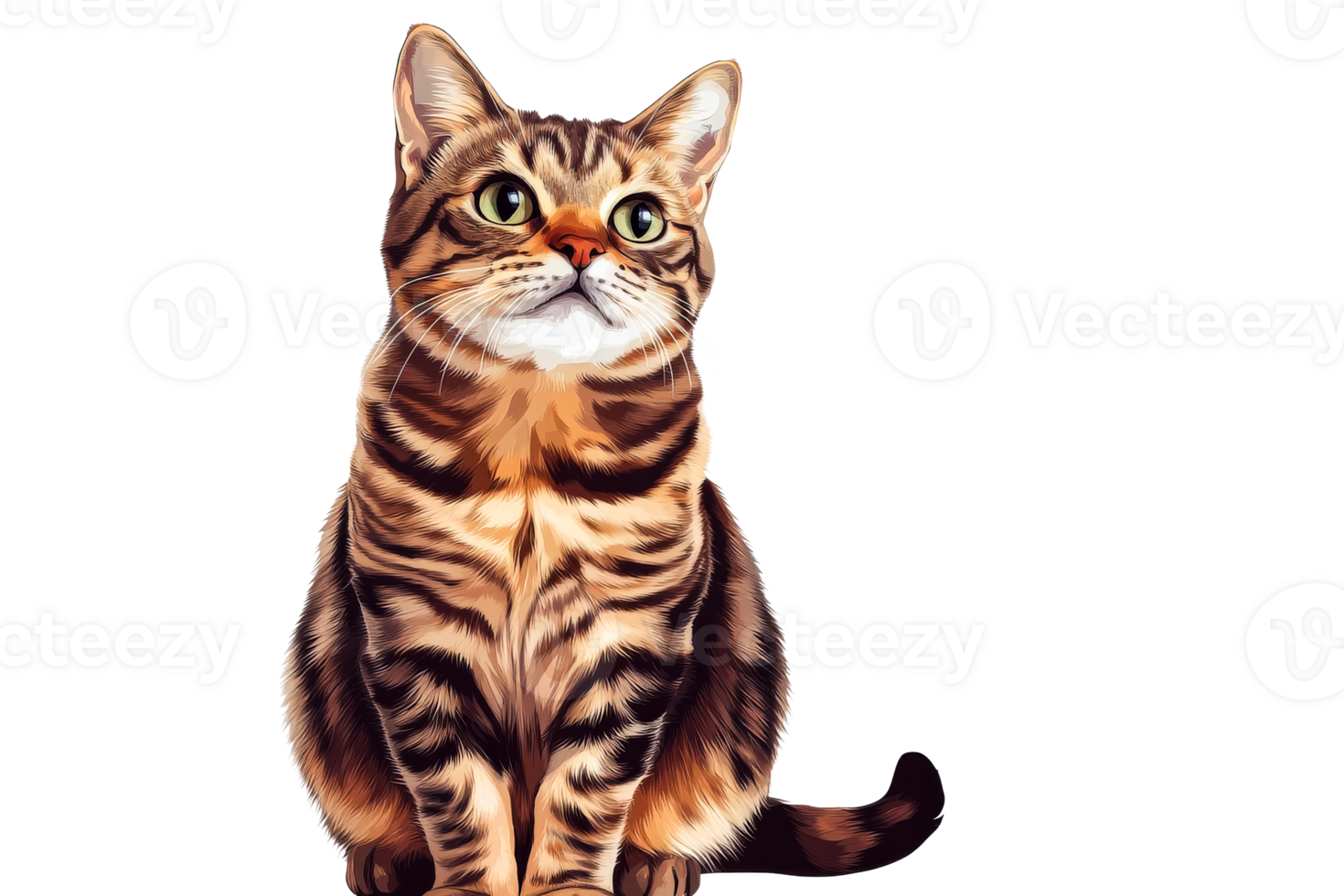 Striped tabby cat portrait with big eyes looking up, cut out transparent png