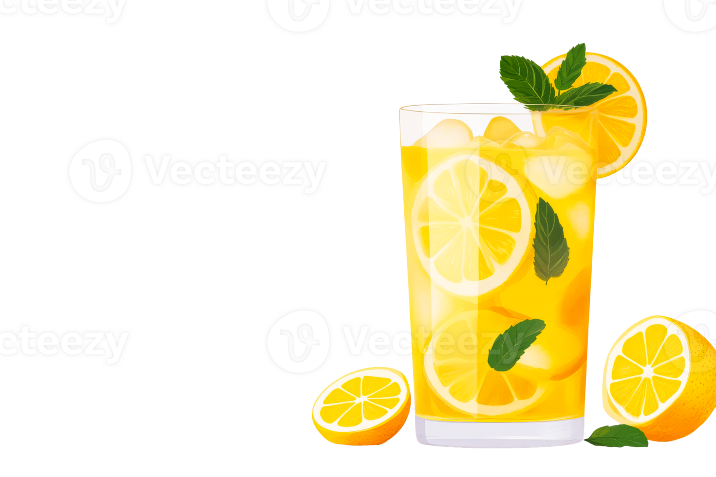 Refreshing lemonade in glass with lemons, ice, mint, drink, cut out transparent png