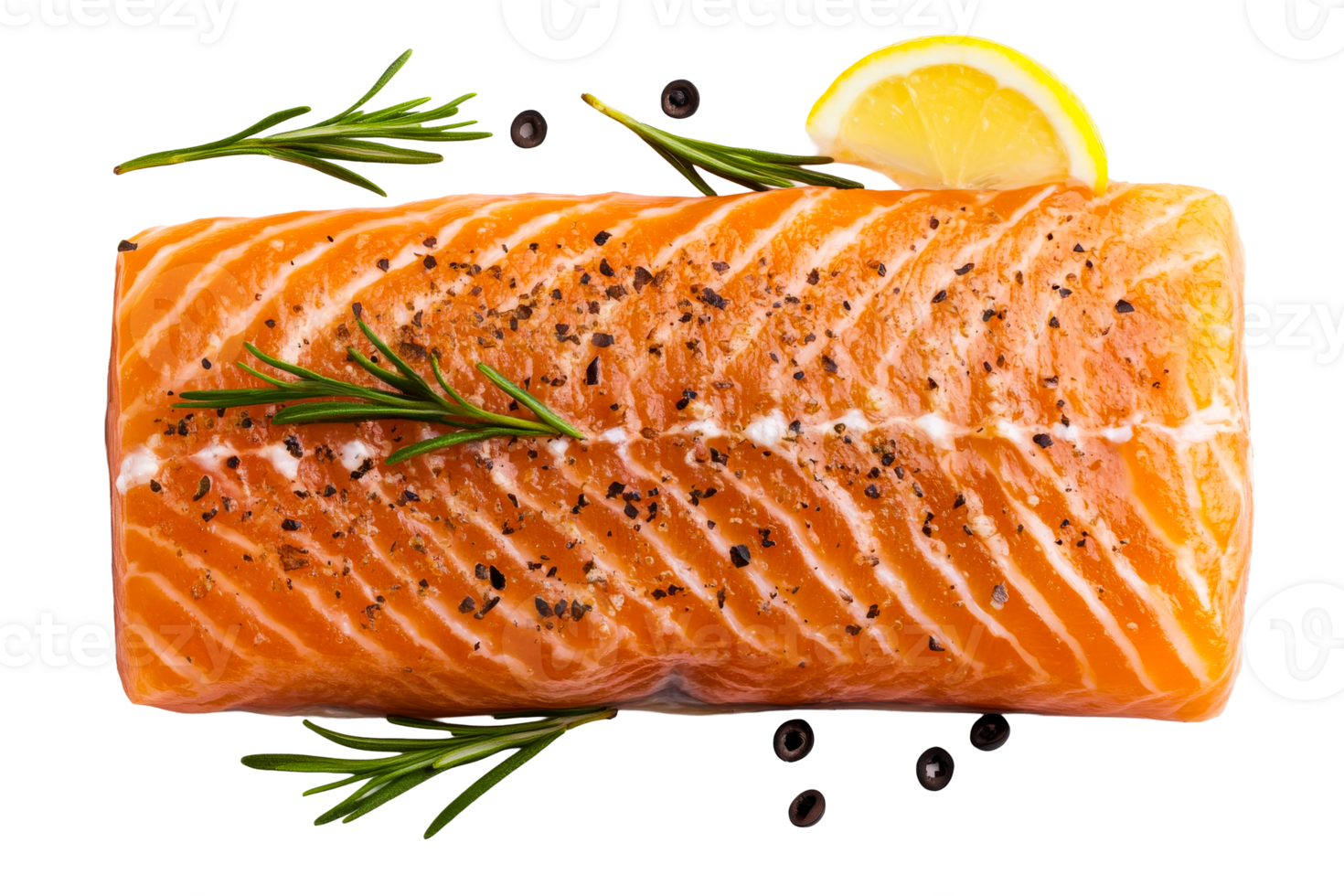 Salmon fillet with rosemary, lemon, and pepper seasoning, cut out transparent png