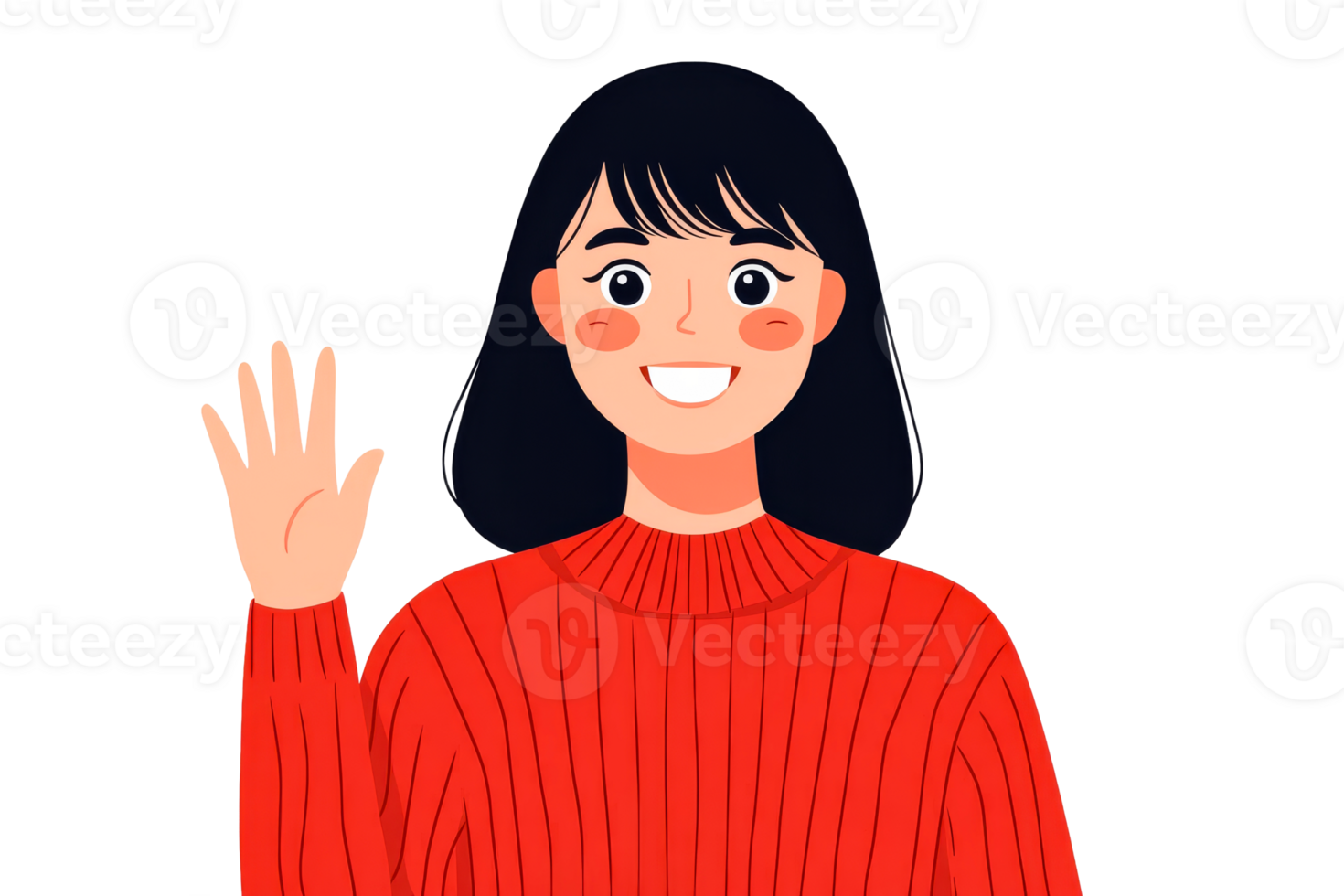Smiling cartoon girl waving in sweater, friendly gesture, cut out transparent png
