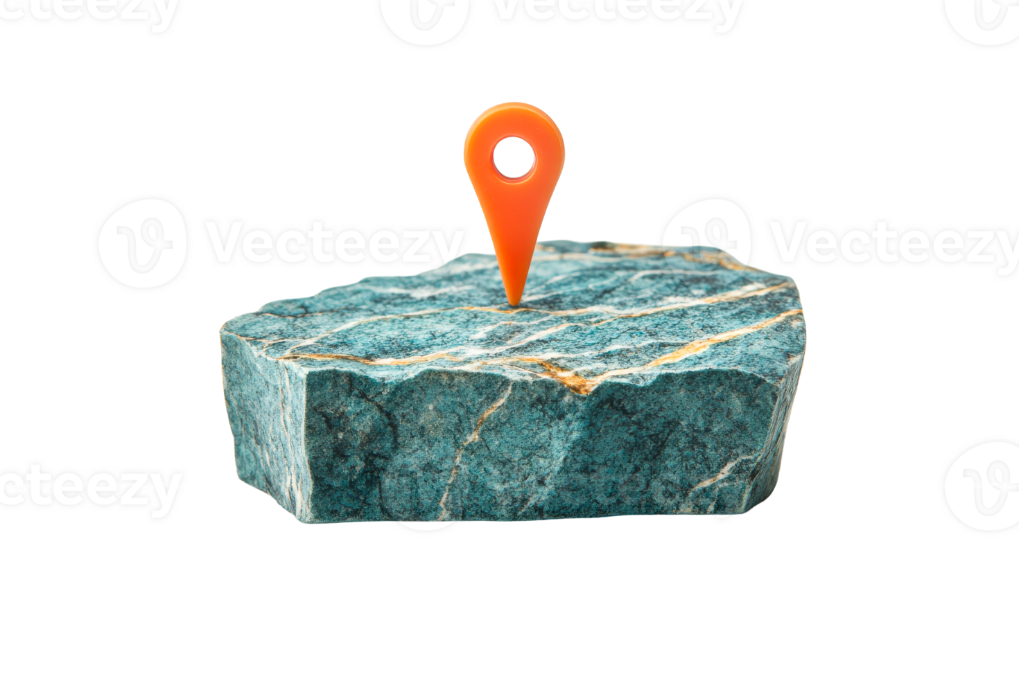 Orange location pin stuck in rough, turquoise stone block, cut out transparent png