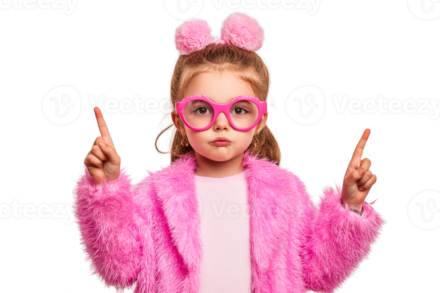 Girl in pink fur coat pointing fingers up, cut out transparent png