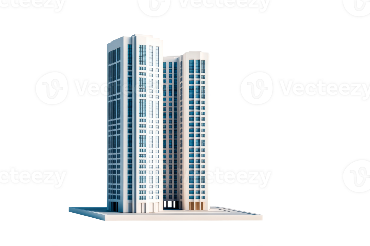 Two modern buildings with window, white color, urbanism, cut out transparent png