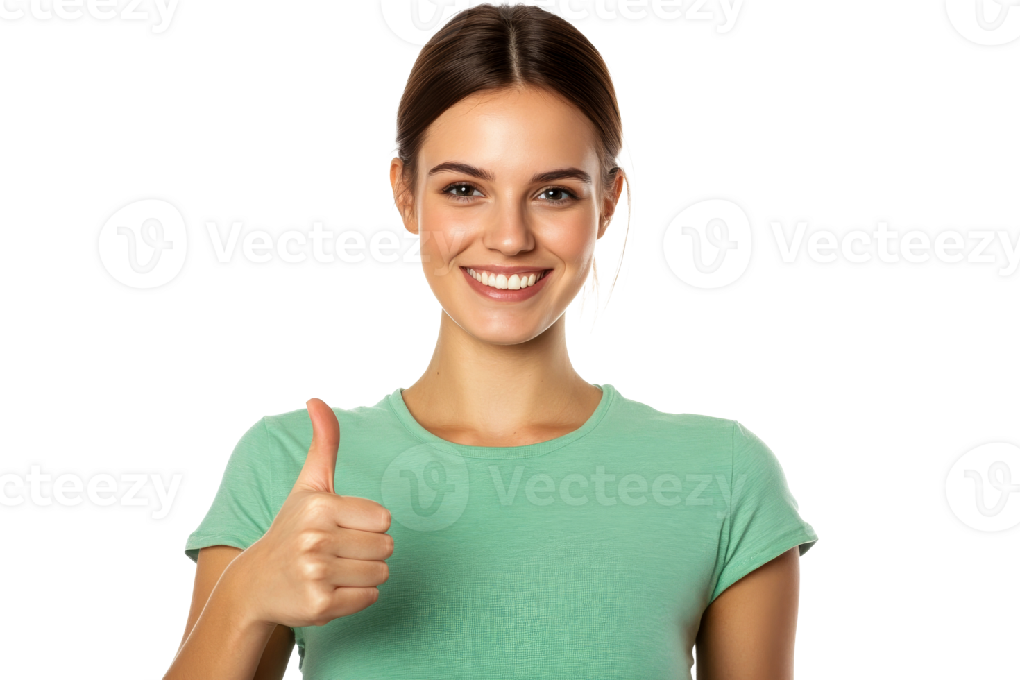 Young woman gives thumbs up, portrait, green t-shirt, smiling, cut out transparent png